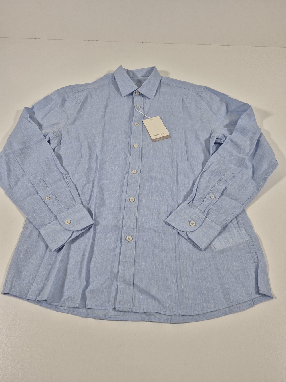 Dan John Shirt Mens L Blue Solid Relaxed Fit Linen Blend Long Sleeve Button Up